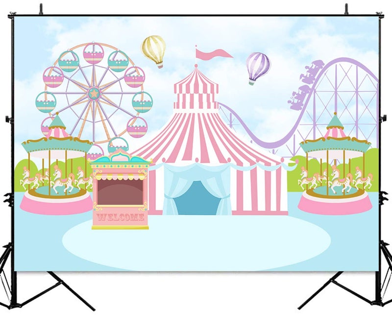 Sensfun Pink Circus Tent Birthday Backdrop Pastel Blue Carnival Carousel Photography Background Hot Air Balloon Princess Girl Newborn Baby Shower Decorations Photo Booth Banner 7x5ft - Image 2